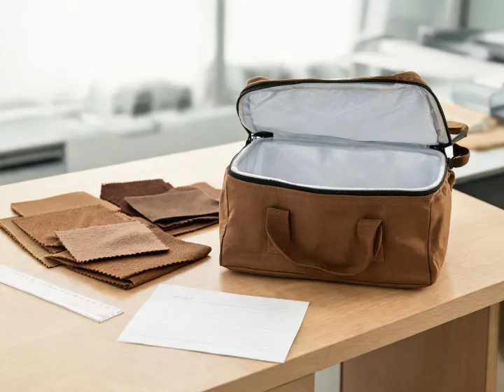 Insulated cooler bag with sample material swatches and a quotation worksheet