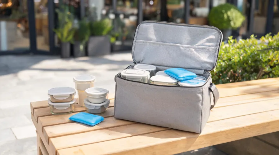 Soft cooler bag arranged with lunch containers for a retail-use review